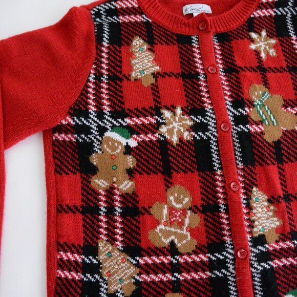 Vintage Kim Rogers Red Black Gingerbread Christmas Button Up Cardigan Sweater L - Picture 8 of 11